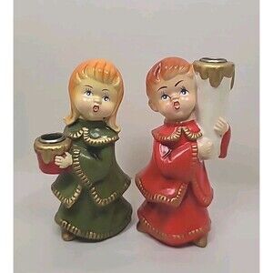 Vtg 60's Hand-painted Star Paper Mache Christmas Carolers Candle holders Japan